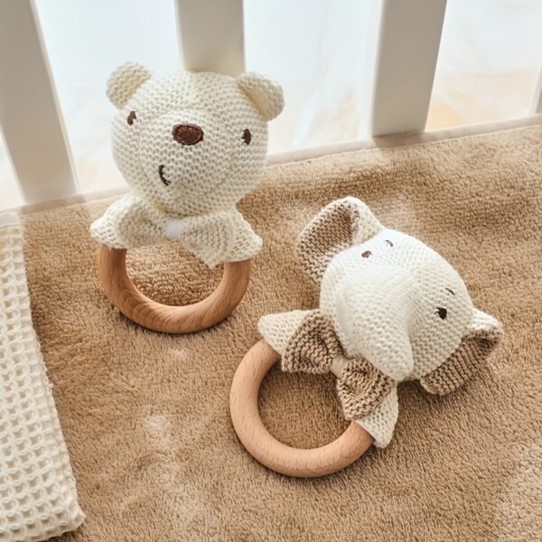 Beige Crochet Elephant Baby Rattle Teething Toy Soft Handheld Bow Tie Bear Sensory Learning Toy